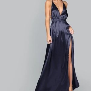 Plunge neck navy prom dress